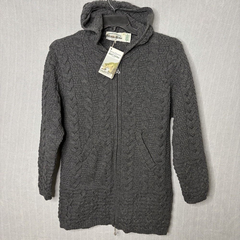 New Aran Crafts Sweater Hooded Small Gray Full Zip Merino Wool Ireland Fisherman